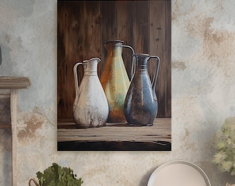 Rustic Farmhouse Wall Art: Vintage Vases and Rural Elegance Farmhouse Kitchen Artwork, Old Country Milk Jars Antique Milk Vases Canvas Print