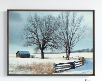 Arte de pared imprimible estilo rústico navideño con granero, diseño moderno de granja, archivo digital de temporada invernal campestre