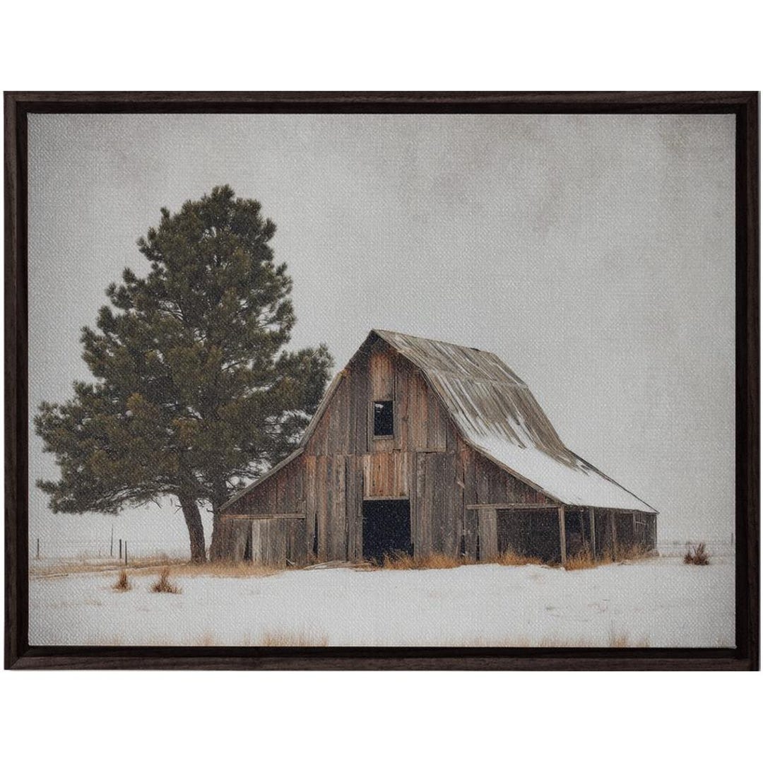 Rustic Barn Wall Art – Winter Farmhouse Print, Snowy Country Landscape ...