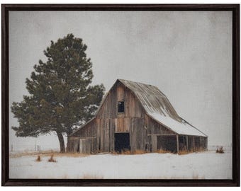 Arte mural de granero rústico: impresión de granja invernal, paisaje nevado (lienzo, lienzo enmarcado, póster, decoración artística para un hogar rústico)