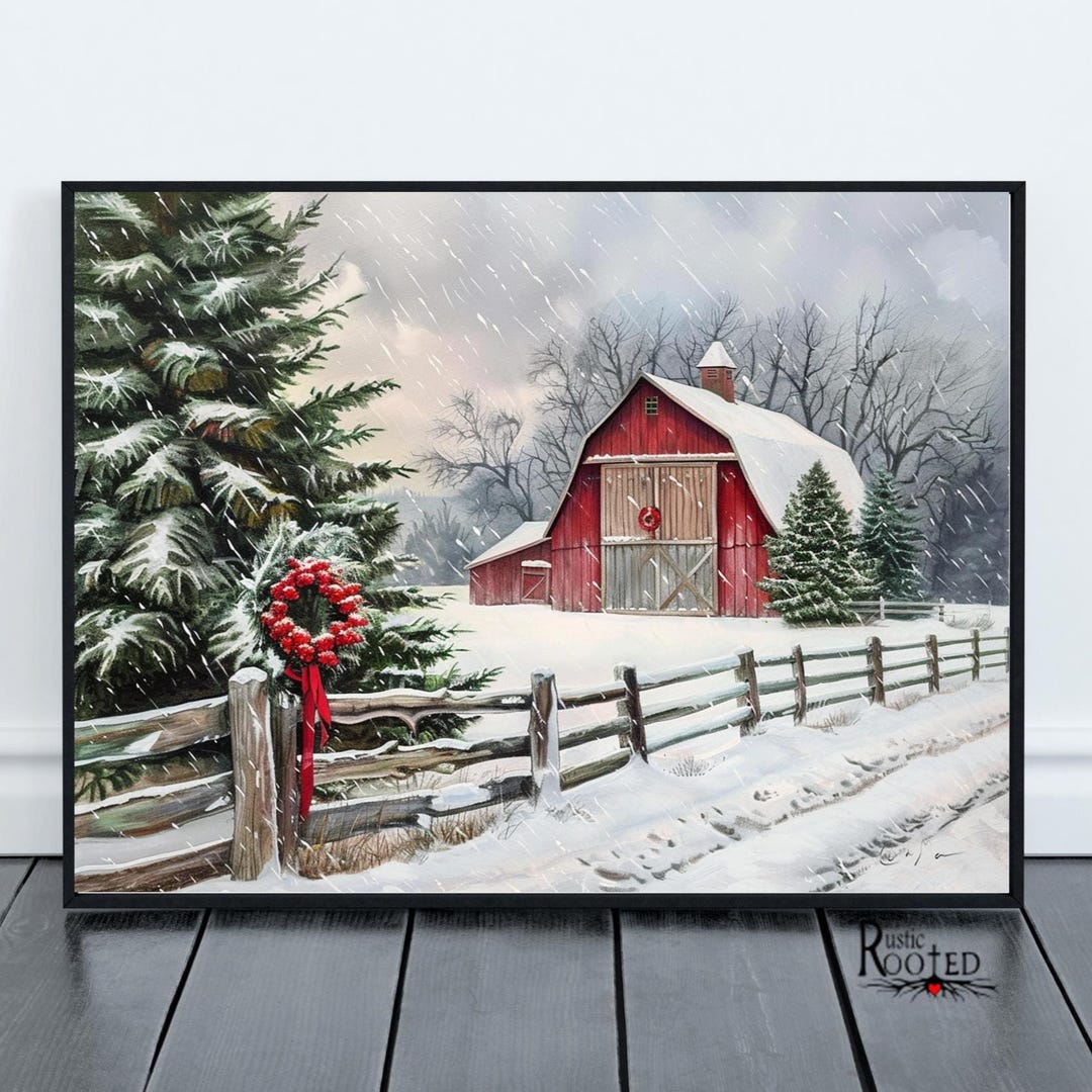 Red Barn in Snow Christmas Printable Rustic Farmhouse Wall Art Winter ...