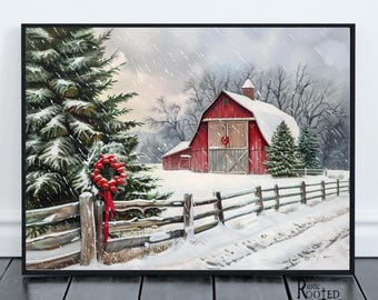 Granero rojo nevado: lámina navideña rústica imprimible para pared, estilo campestre invernal (descarga gratuita)
