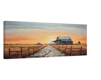 May include: A painting of a rustic wooden barn with a metal roof, set against a backdrop of a golden sunset. A dirt road leads to the barn, with a fence on either side. The sky is a mix of orange, yellow, and blue.