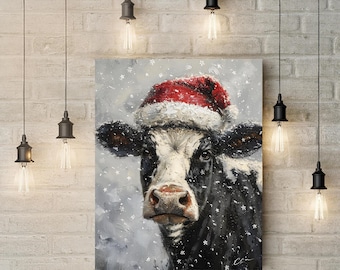 Vaca navideña imprimible, arte de pared rústico de granja, animal navideño de invierno, descarga digital