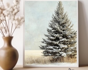 Descarga gratuita de arte digital imprimible de Navidad con árbol de hoja perenne cubierto de nieve estilo rústico campestre