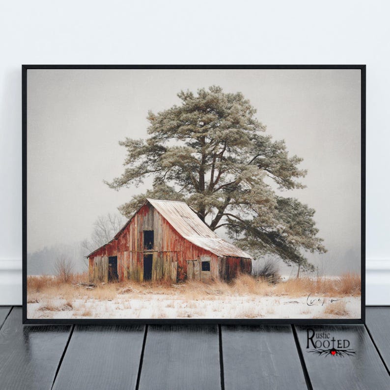 Rustic Red Barn Winter Art Print, Snowy Country Farm Scene Painting ...