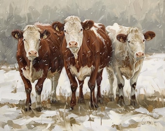 Cuadro rústico de vacas de granja – Lámina con escena invernal de ganado para decoración de casas de campo