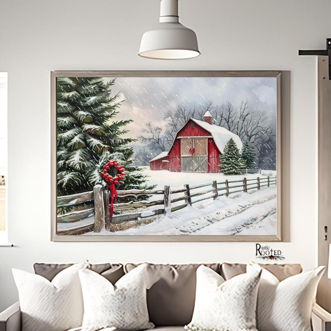 Red Barn in Snow Wall Art, Rustic Farmhouse Christmas Scene, Winter ...
