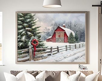 Granero rojo nevado, cuadro navideño rústico de una granja, paisaje invernal campestre, decoración navideña con corona, lámina para pared de cabaña