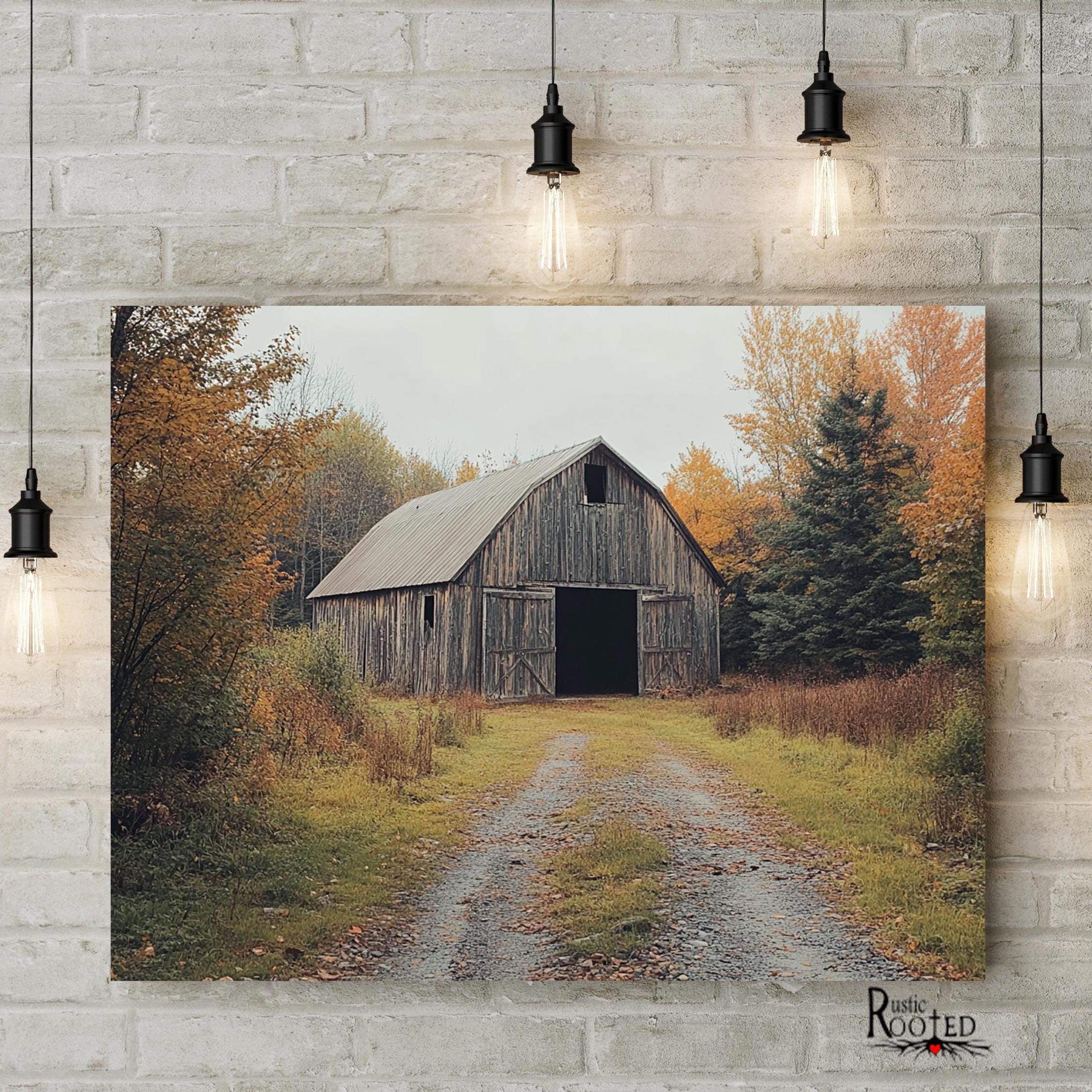 Rustikales Wandbild: Bauernhof-Landschaft Mit Windmühle Auf Holz – Gerahmte Druck-Dekoration Für Wohnzimmer & Bauernhaus-Stil