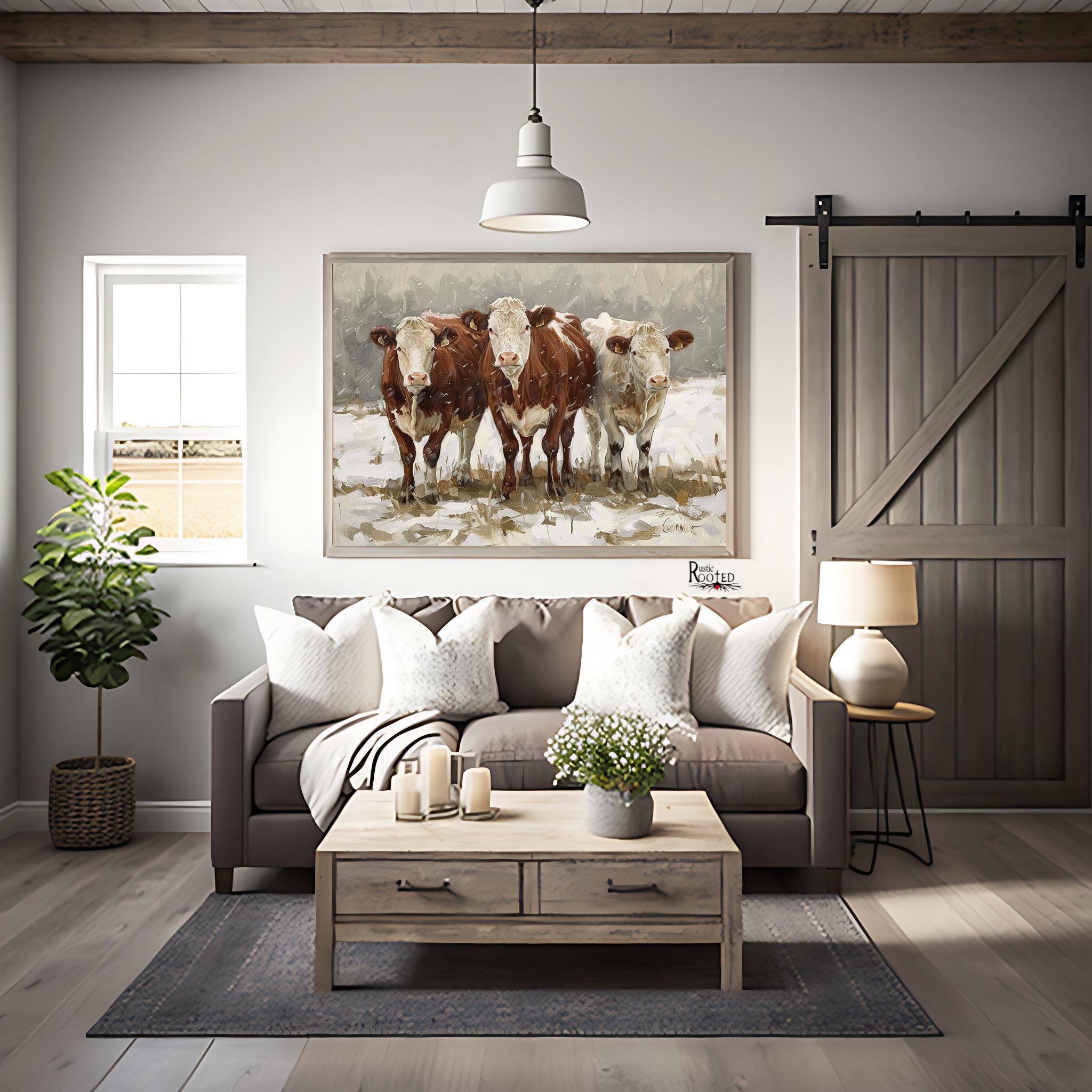 Rustic Fall Background Cow Rustic Farm Cow Wall Art – Winter Cattle Scene Print for Farmhouse ...