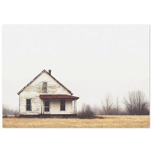 Vintage White Farmhouse Wall Art – Rustic Country Home Decor, Minimalist Farm Landscape Print, Modern Farmhouse Style, Canvas, Wood Framed