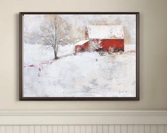 Arte de pared minimalista imprimible de invierno con granero rojo abstracto, escena rústica de nieve (descargar)