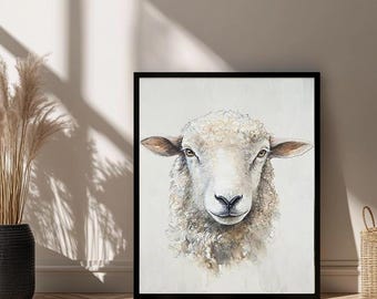 Puede incluir: Una pintura de acuarela de la cara de una oveja blanca. La oveja está mirando directamente al espectador con una expresión suave. El fondo es de color beige claro.