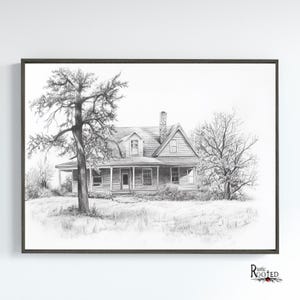 Dibujo a lápiz de casa de campo rústica Dibujo en blanco y negro Decoración de baño y cocina de estilo rural Póster enmarcado de casa de campo moderna