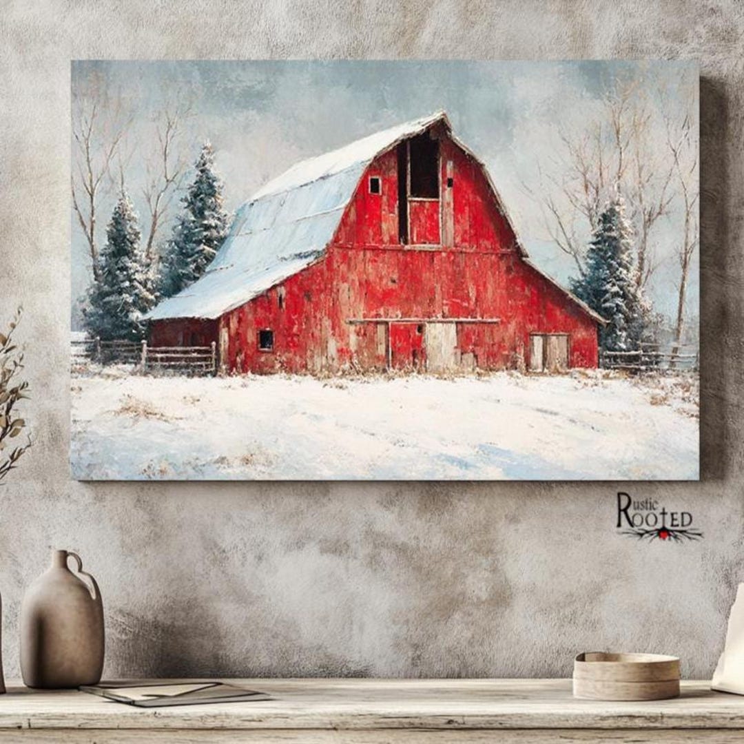 Rustic Red Barn Wall Art Print, Snowy Farmhouse Winter Decor, Country ...