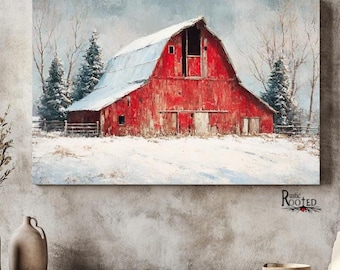 Impresión artística de pared de granero rojo rústico, decoración de invierno de granja nevada, pintura de granero navideño campestre, obra de arte rústica para colgar en la pared de granja con raíces