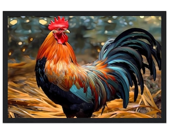 Rooster in Hay, Colorful Rooster Print, Farm Animal Art Print, Rustic Rooster Home Decor, Modern Farmhouse Wall Art, Chicken Painting
