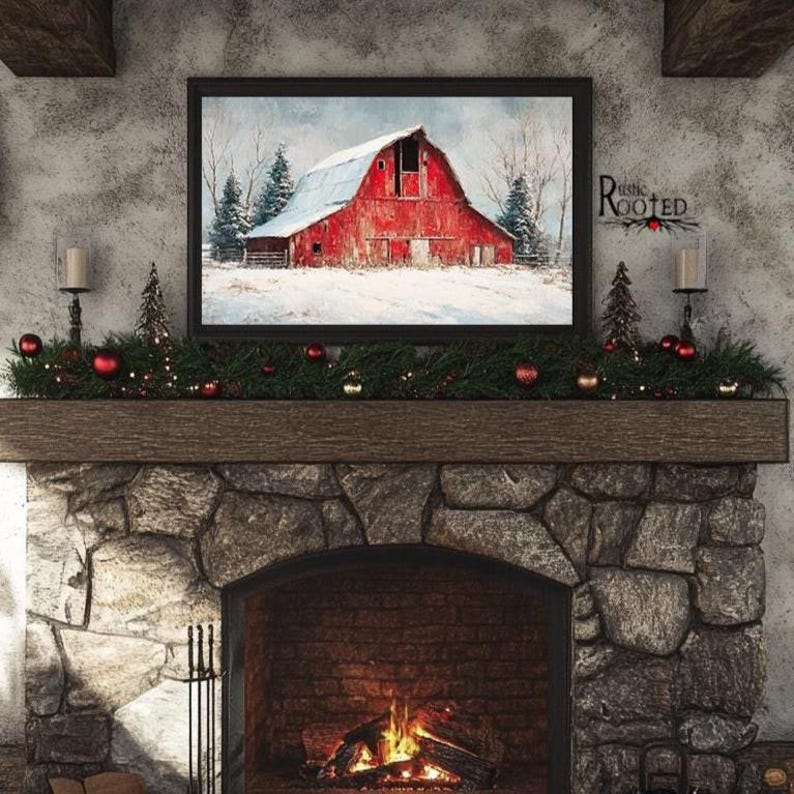 Rustic Red Barn Wall Art Print, Snowy Farmhouse Winter Decor, Country ...