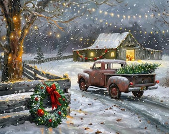 Arte mural vintage de camión navideño, escena invernal de granja rústica, camión rojo con árbol, paisaje nevado de granero, impresión de decoración navideña campestre