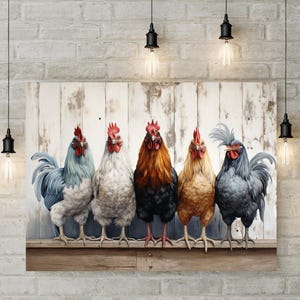 Charming Rooster Wall Art: Rustic Modern Farmhouse Wall Decor on Whitewashed Fence Barnyard Landscape Scene Canvas Framed Artwork Prints