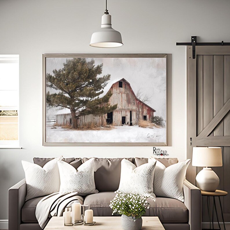 Rustic Faded Red Barn Winter Art Print, Snowy Farm Landscape Painting ...