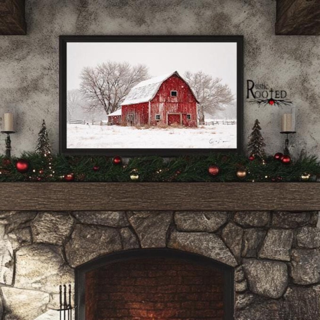 Rustic Red Barn Winter Art Print, Snowy Farm Landscape Painting ...