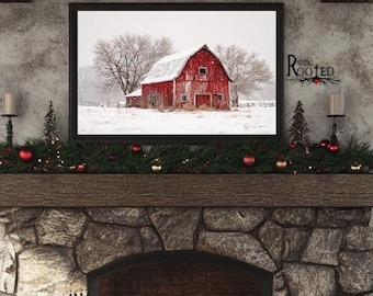 Impresión artística de invierno de granero rojo rústico, pintura de paisaje de granja nevada, decoración de pared de casa de campo, escena de granero rural vintage, obra de arte navideña
