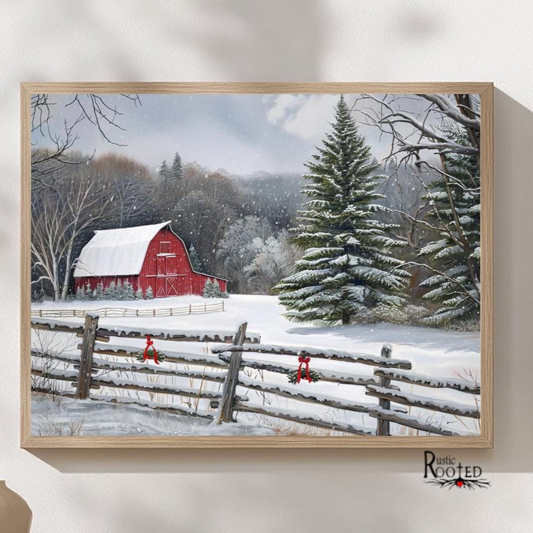 Red Barn Christmas Canvas Rustic Farmhouse Wall Art Snowy Winter ...