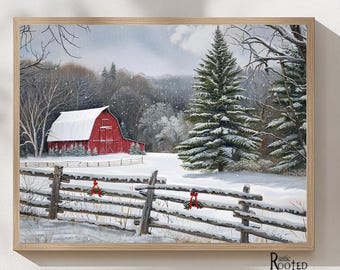 Lienzo navideño de granero rojo, arte de pared rústico de granja, decoración navideña invernal nevada en el campo