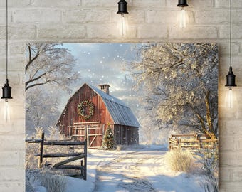 Arte de pared imprimible estilo rústico de granja moderna con granero rojo navideño para descargar digital.