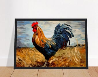 Vibrant Rooster Painting for Modern Farmhouse Decor Colorful Rooster Country Artwork Barnyard Home Decor Chicken Farm Landscape Wall Art