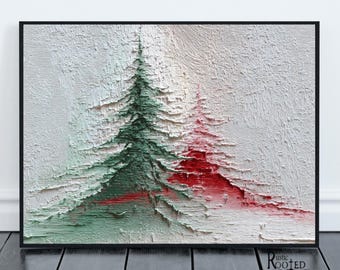 Arte de pared moderno estilo granja con árbol de Navidad rústico para imprimir, rojo y verde, ideal para las fiestas de invierno. Descarga gratuita.