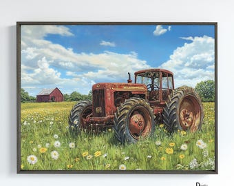 May include: A vintage red tractor sits in a field of wildflowers. The tractor is rusty and has a red cab with a windscreen. The field is green and has white and yellow flowers. A red barn is in the background.