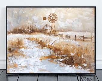 Arte de pared con paisaje rústico imprimible de granja con molino de viento abstracto, color beige neutro, descarga digital