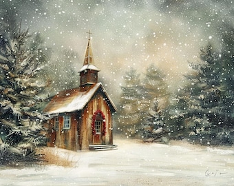 Arte mural navideño rústico de iglesia invernal, pintura de capilla de granja, impresión de escena campestre nevada, decoración de pared navideña, arte moderno de granja