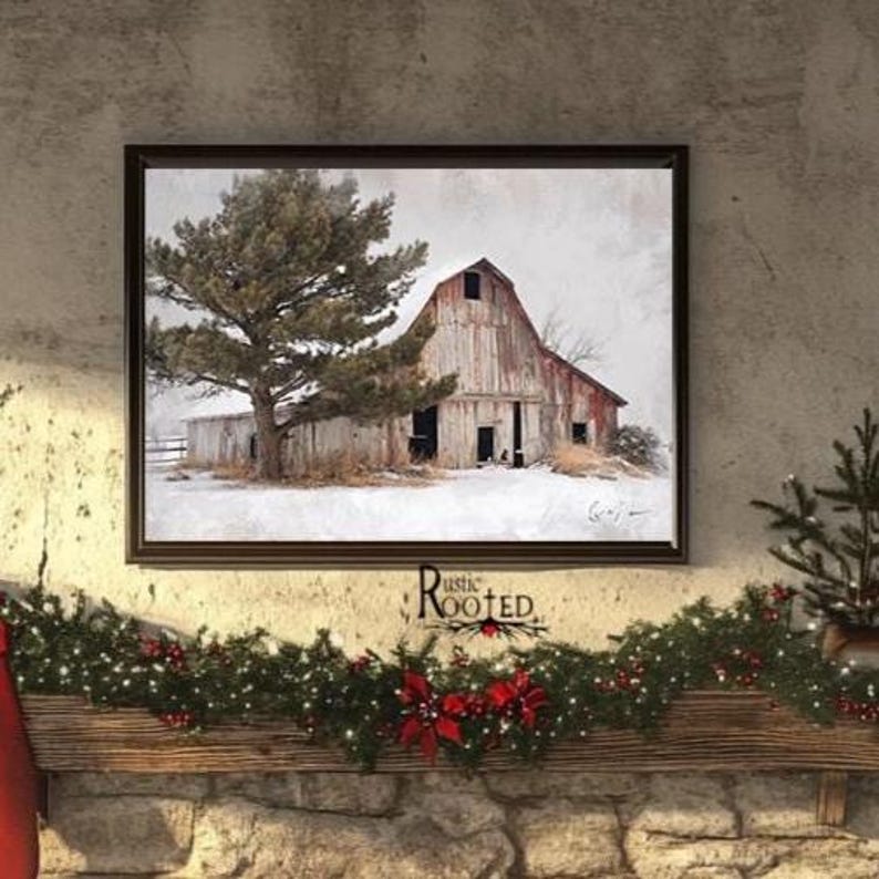 Rustic Faded Red Barn Winter Art Print, Snowy Farm Landscape Painting ...