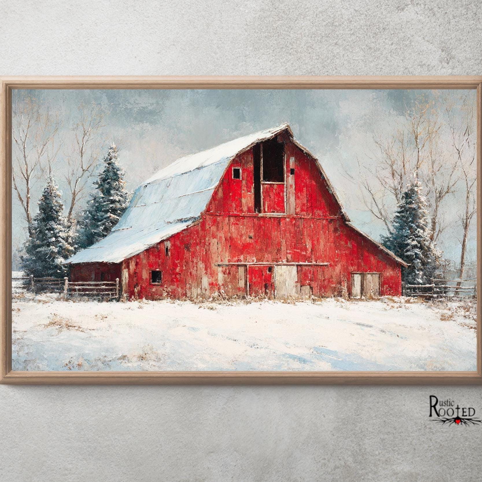 Rustic Red Barn Wall Art Print, Snowy Farmhouse Winter Decor, Country ...