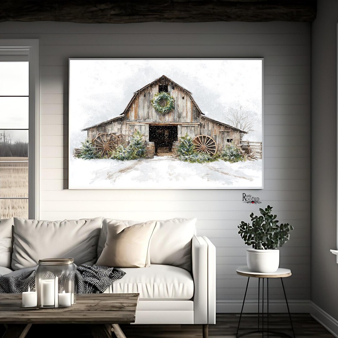 Rustic Winter Barn Christmas Wall Art – Snowy Farmhouse Barn With ...