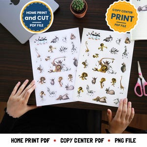 Puede incluir: Dos hojas imprimibles de pegatinas con personajes de la película animada Madagascar. Las hojas están etiquetadas como "Home Print and Cut PDF File" y "Copy Center Print PDF File".