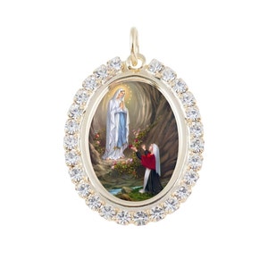 Austrian Crystal Our Lady of Lourdes Photo Religious Pendant Medal Necklace