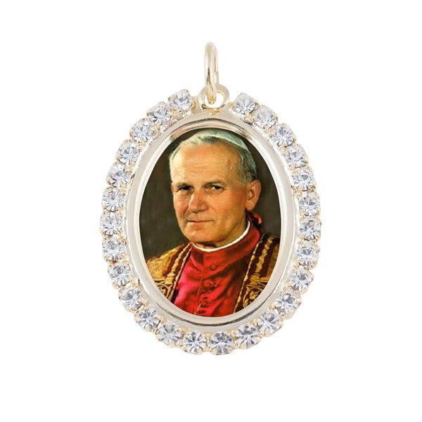 Austrian Crystal St. John Paul II Photo Religious Pendant Medal Necklace