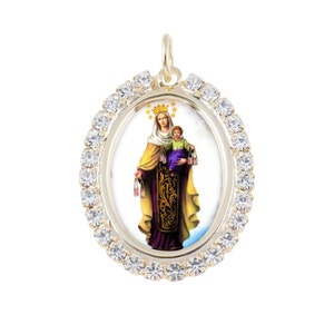 Austrian Crystal Our Lady of Mount Carmel Photo Religious Pendant Medal Necklace