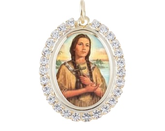 Austrian Crystal St. Kateri Tekakwitha Photo Religious Pendant Medal Necklace