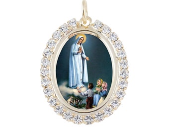 Austrian Crystal Our Lady of Fatima Photo Religious Pendant Medal Necklace