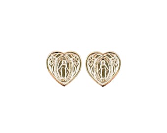 Goldtone Miraculous Medal Heart Post Earrings