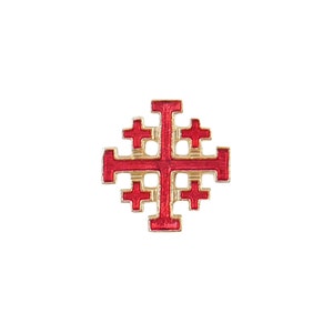 May include: A red Jerusalem cross with a gold outline. The cross is made of metal and has a traditional design.
