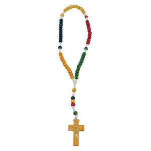 May include: A wooden rosary with yellow, green, red and blue beads and a wooden cross.