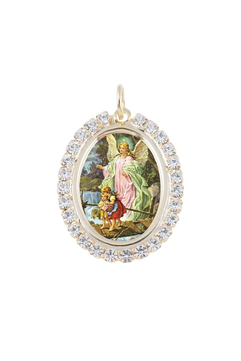 Austrian Crystal Guardian Angel on the Bridge Photo Religious Pendant Medal Necklace