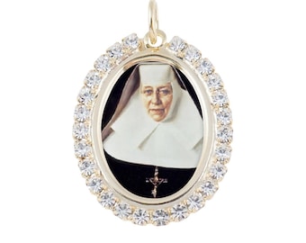 Austrian Crystal St. Katharine Drexel Religious Photo Pendant Medal Necklace